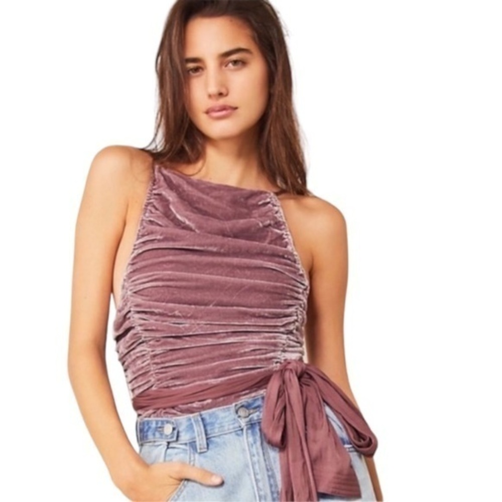 Free People Real Love Velvet Ruched Halter Belted Tie Top in Mauve